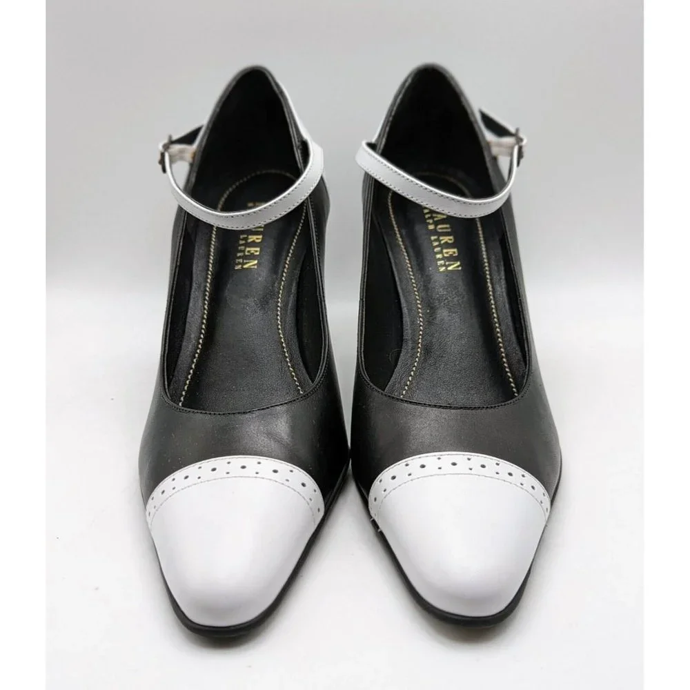 Ralph Lauren Belinda Pumps Heels 7 B Pointed Toe Black & White Brazil Leather - Picture 3 of 7